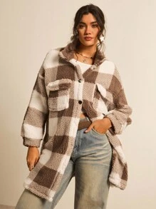 Freevana Double-Sided Fuzzy Plaid Printed Front Button Long Sleeve Plus Size Jacket Winter Clothes Fall Autumn - Khaki - View 5