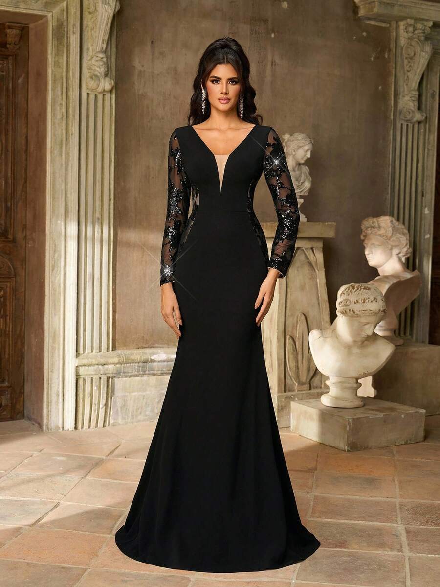 Aureia 优雅、奢华、时尚、端庄、黑色、亮片面料、针织拼布、垫肩、长袖、胸罩杯、鱼尾下摆、拖尾、适合度假、婚礼、单身派对、晚会、正式晚宴礼服