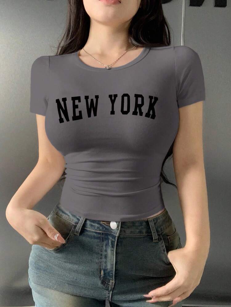 Short Sleeve Slim Fit Letter Printed T-Shirt, Summer,Graphic Tees,Back To School Clothes