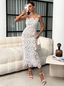 Lavishia 不对称蕾丝镂空花卉水彩印花吊带背心中长连衣裙，蓝色，白色连衣裙 - 白色 - 查看 6