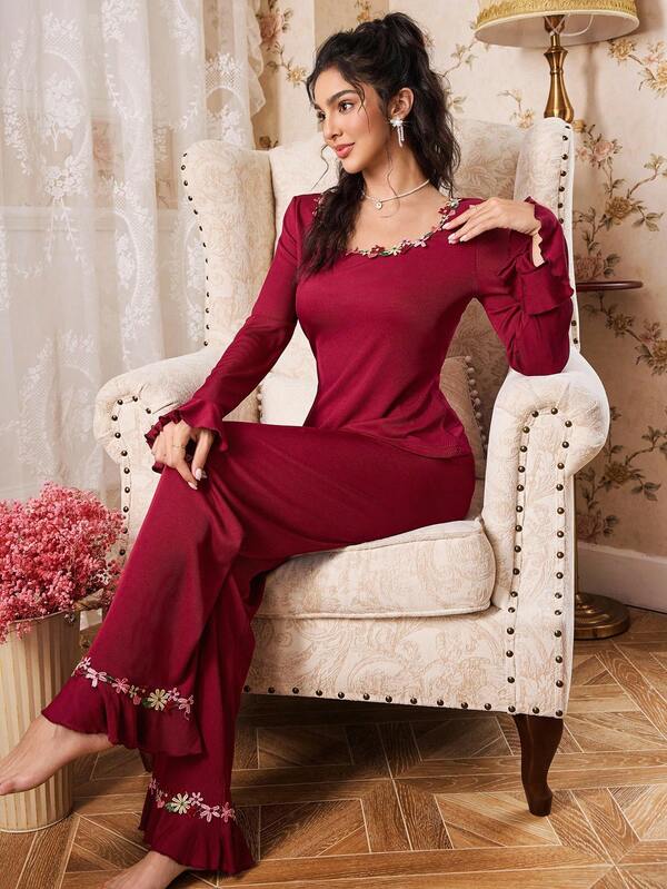 CottageSlumber Romantic-Flora Floral Embroidery Decor Scoop Neck Long Sleeve Red Burgundy Top & Pants Two Pieces Sleepwear Pajama Set, Fall Winter Clothes Cozy And Elegant Details, Christmas
