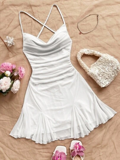 Soleia Women's Vacation Spaghetti Strap Mini Dress, Draped Neck, Backless, Bowknot, Fishtail, Sexy Style, Mini Dress, Tea Break, Shopping, Romantic, Date, Beach Outfit, Mesh, Young, Girlish White  Date Night Outfits Women Wedding Guest Dress Women Off The Shoulder Dress  Fairy Dress  Wedding Guest Dresses Fall Dresses For Women  Christmas  Fall Clothes White