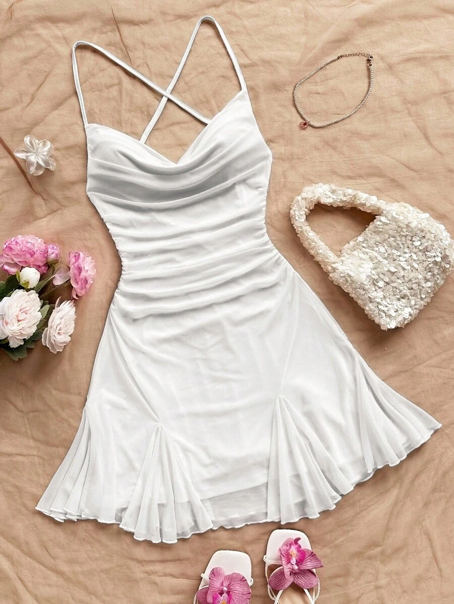 SHEIN Teen Girls Casual Vacation White Mesh Plunging Neck Backless Mini Dress, Short White Dress, Summer Dress, Ruched White Dress - White - View 1