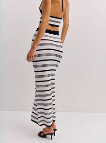 Nöista Black And White Striped Two Pieces Knit Set Includes A Scalloped-Edge Crop Top With A Deep V-Neck And A High-Waisted, Fitted Maxi Skirt. Spring, Women's Clothing, Elegant, Vaccay, Holidays, Summer. - Black and White - View 7