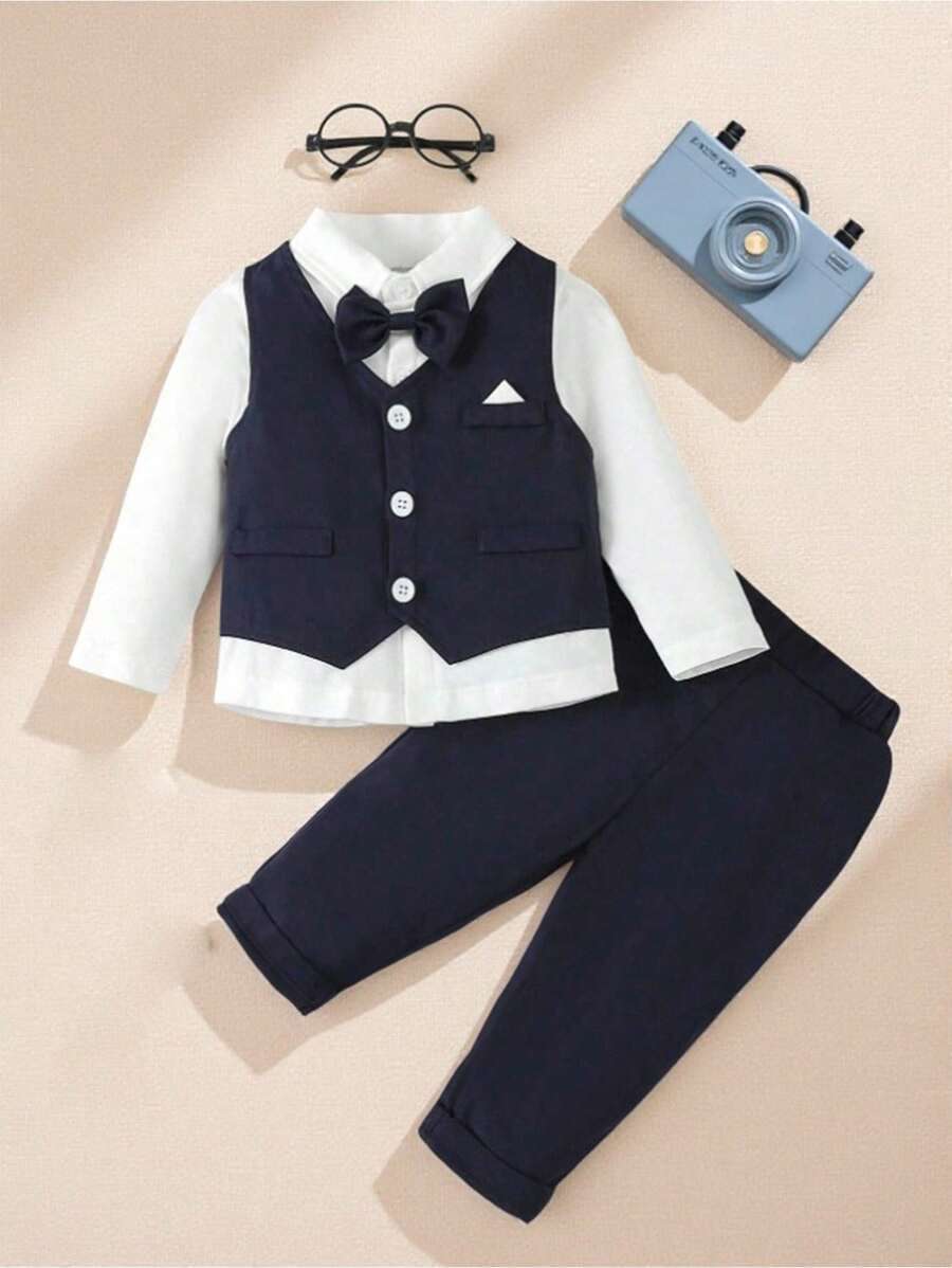 SHEIN 3 pièces Ensemble de tenue de gentleman pour bébé garçon, chemise blanche avec nœud papillon + gilet + pantalon, costume formel pour le printemps/automne, pour l'anniversaire, le mariage, la cérémonie - Multicolore - Voir 1