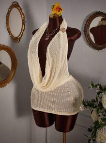 Amplova 大码女式纯色低胸垂坠领露背性感时尚连衣裙 - 杏色 - 查看 7