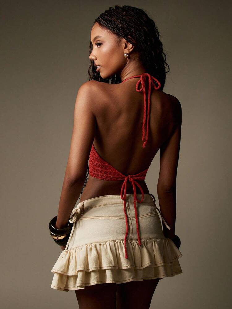 MISSGUIDED Crochet Knit Halter Crop Top Summer Festival Bohemian Beach Keyhole Front Tie Back Backless Party Vacation Boho Holiday Casual Christmas