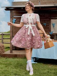 SHEIN Frenchy Plus Size Traditional Lace Patchwork Textured Jacquard Fabric A-Line Waist Cinched Square Neck Dress, Suitable For Oktoberfest, Dirndl,Fall Clothes For Women