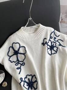 Firerie Suéter informal de punto con decoración floral 3D, talla grande, para primavera/otoño