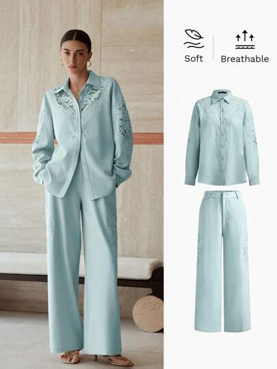 MOTF PREMIUM طقم ملابس علوية مزينة بالدانتيل المتباين مع بنطلون ذو جيوب مائلة