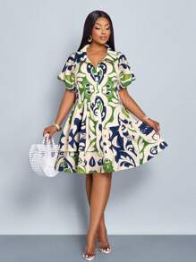 SOLERSUN Plus Size Waist-Cinching Button-Front Simple Loose Summer Casual Vacation Printing Dress