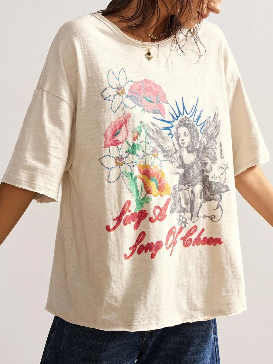 Bohemela 女士休闲纯色针织圆领短袖水洗宽松T恤 - 黑色 - 查看 1