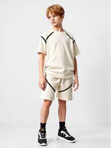 SHEIN Explorewe Kids Boys Textured Print Short Sleeve Shirt,Black And White Summer Casual Top,Polo Collar Versatile Fashion For Outdoor,Travel & City Break - Apricot - View 3