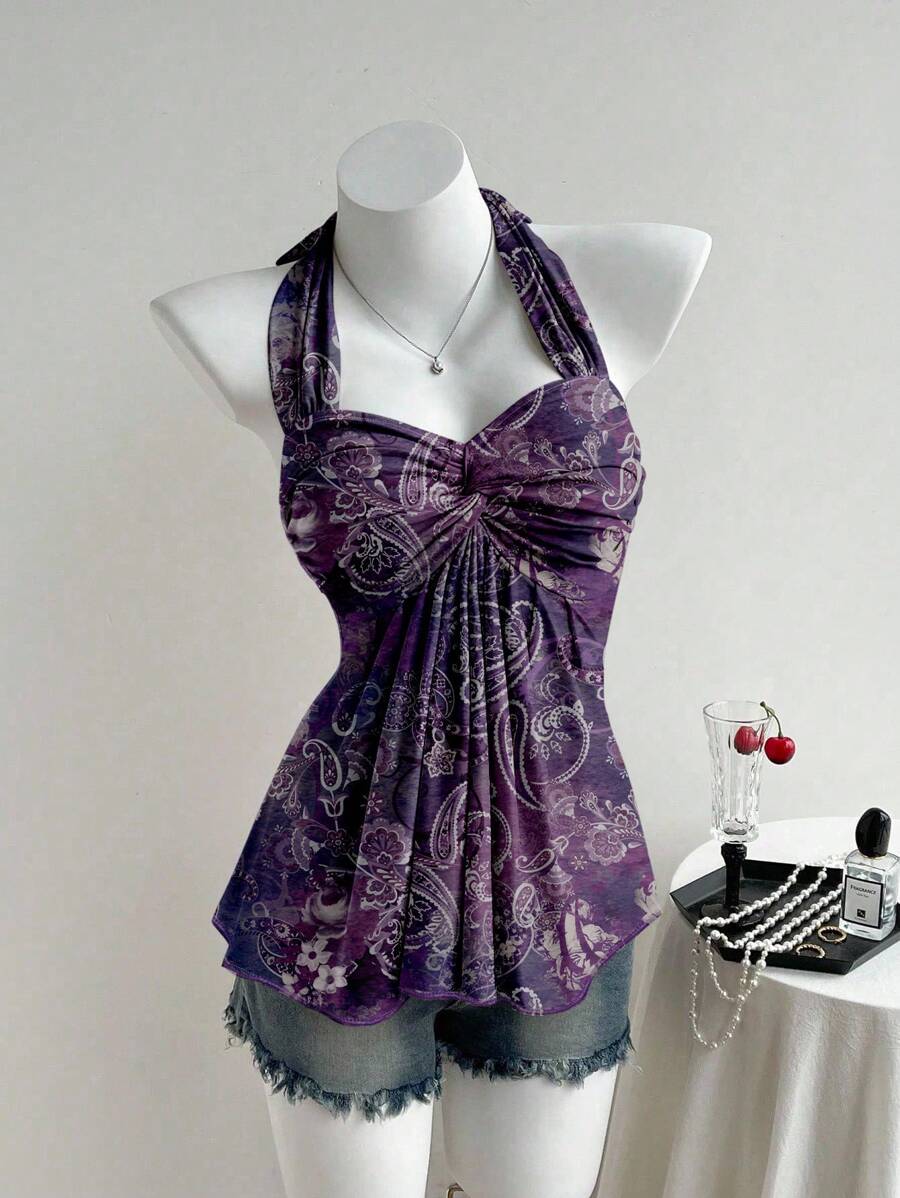 Comfortcana Women's Casual Retro Twist Knot Ruched Backless Halter Top,Off The Shoulder Top - Multicolor - View 1