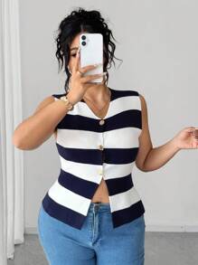 Elenzga Elegant Fitted Button-Up Knit Top - Multicolor - View 5