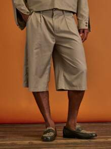 Musero Tailored Long Line Pleated Shorts With Button Detailing Spring Summer Holiday Vacation - Khaki - View 2