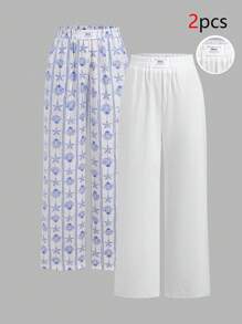 SHEIN EZwear 女士夏季度假休闲字母贴布直筒裤 - 彩色 - 查看 1