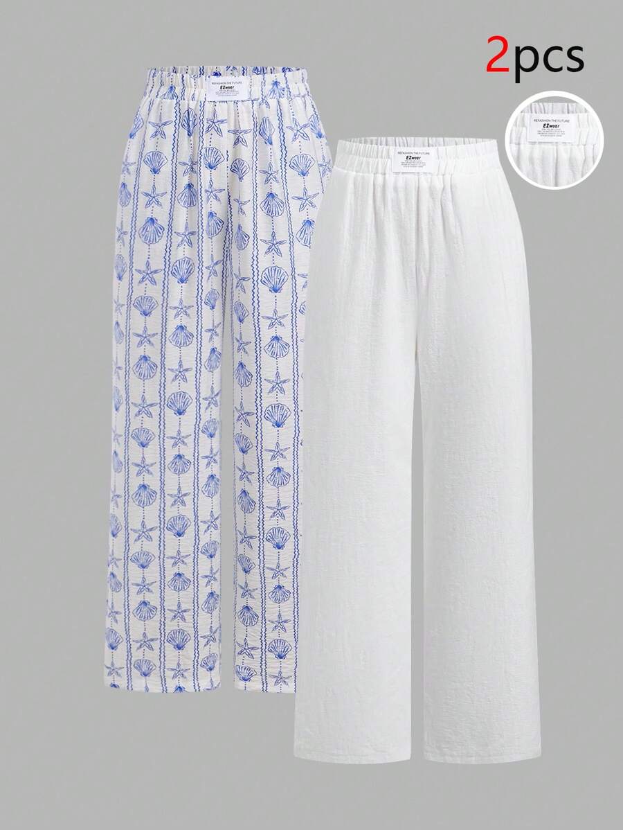 SHEIN EZwear 女士夏季度假休闲字母贴布直筒裤 - 彩色 - 查看 1