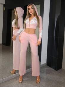 SHEIN ICON Women's Pink Letter Rhinestone Zipper Front Slim Fit Cropped Hoodie, Casual Streetwear Autumn Winter Clothes For Women - Pink - View 4