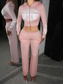 SHEIN ICON Women's Pink Letter Rhinestone Zipper Front Slim Fit Cropped Hoodie, Casual Streetwear Autumn Winter Clothes For Women - Pink - View 5