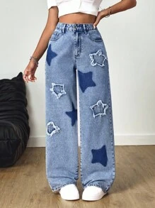 Jeanoix 女式宽腿星星印花牛仔裤，采用磨边设计 - 淺色水洗藍 - 查看 5