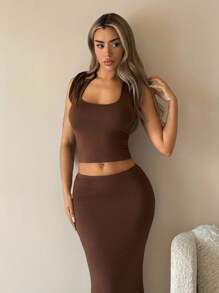 SHEIN ICON 2pcs Y2k Western Brown Going Out Halter Neck Crop Top And Low Waist Skirt Set Brown Two Pieces Set Two Pieces Skirt Set 2 Pieces Skirt Set Brown Halter Top And Skirt Set - Brown - View 1
