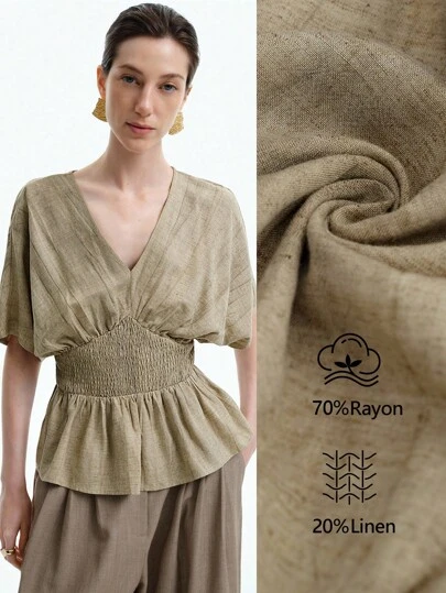 Aalyst Áo cánh vải lanh cotton tay ngắn, eo bo thun, dáng chữ A, thoải mái, quyến rũ, phong cách cổ điển, cao cấp, thanh lịch dành cho nữ