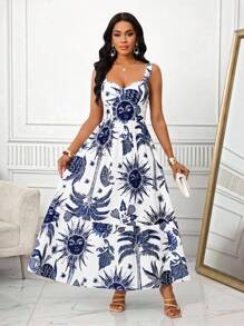 SHEIN Lady Suspender Dress Print Sundress Blue & White Graphic Print Cinched Waist Backless Strap Dress, Casual Vacation Style Wedding Guest Dress Women Vacation Outfits Woman Beach Outfits For Woman Business Casual Woman Birthday Dresses For Women Festival Graduation Dress African Woman Clothing Women Dresses Summer Tropical Dresses For Women Birthday&Event Dresses /Office Dresses /Church Dresses/Wedding Dresses /Holiday Dresses /4th Of July Dress