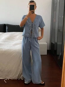 Livesso 女式夏季短袖系带上衣和宽松牛仔裤套装