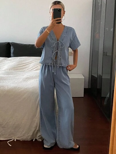 Livesso Women's Summer Short Sleeve Tie Front Top And Loose Fit Denim Pants Set