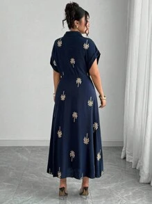Franclia Robe mi-longue romantique pour vacances en tissu tressé avec broderie, col montant et ceinture à nouer, pour femmes de grande taille