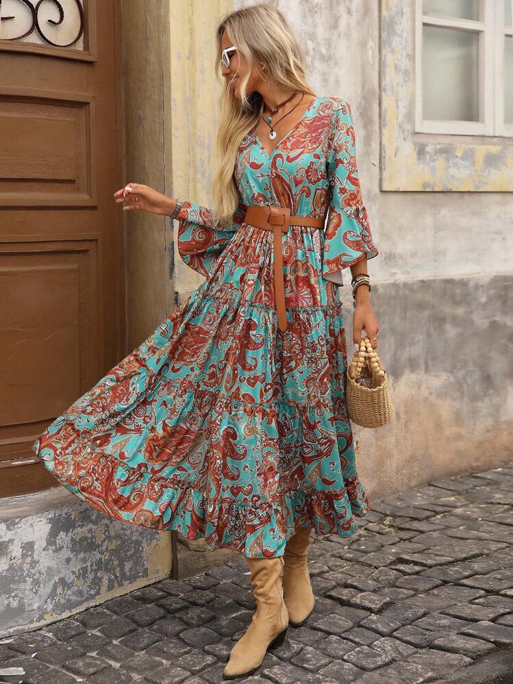 Abito da donna con scollo a V, maniche a volant, stile bohémien con stampa, adatto per autunno/inverno - Multicolore - Visualizzare 1