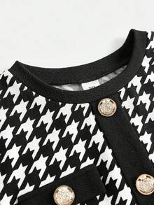 SHEIN 青少年女孩可爱千鸟格拼色针织休闲连衣裙，时尚百搭，适合日常穿着 - 黑色 - 查看 2