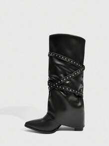Daringsoles Botas occidentales de tacón grueso con punta puntiaguda y flecos para mujer, botas altas de ajuste ceñido - Negro - Ver 12