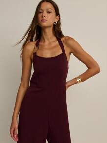 Nöista Burgundy Halter Jumpsuit With Square Neckline, Adjustable Tie-Back Straps, And Tailored Wide-Leg Silhouette-A Sophisticated One-And-Done Piece For Cocktail Events, Wedding Guest Looks, And Holiday Parties That Layers Effortlessly Under Blazers For Business-Casual Outfits And Transitions Into Chic Fall And Winter Style - Burgundy - View 1