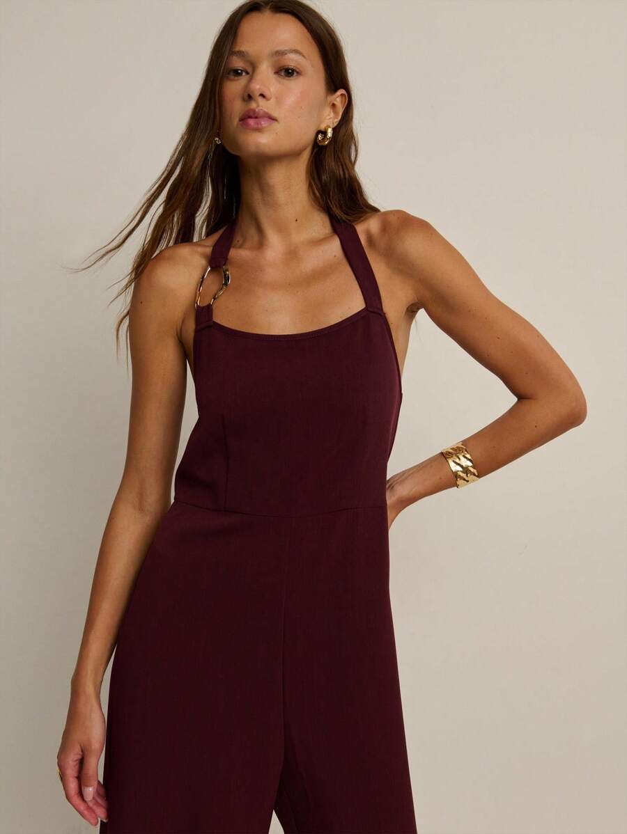 Nöista Burgundy Halter Jumpsuit With Square Neckline, Adjustable Tie-Back Straps, And Tailored Wide-Leg Silhouette-A Sophisticated One-And-Done Piece For Cocktail Events, Wedding Guest Looks, And Holiday Parties That Layers Effortlessly Under Blazers For Business-Casual Outfits And Transitions Into Chic Fall And Winter Style - Burgundy - View 1
