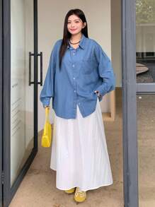Dazy Plus Plus Size Loose Turndown Collar Long Sleeve Denim Shirt, Spring & Autumn,Jeans Jacket,Fall Women Clothes - Medium Wash - View 4