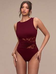 SHEIN BAE Women's Solid Color Lace Patchwork Sheer Round Neck Sleeveless Bodysuit - Burgundy - View 7