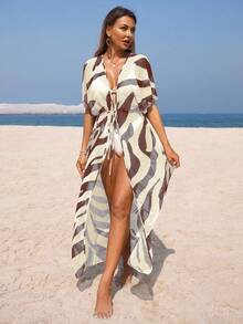 Swim Vcay Dam Sommarsemester Zebra Mönstrad Mesh Lång Kimonokofta - Multifärgad - Visa 4