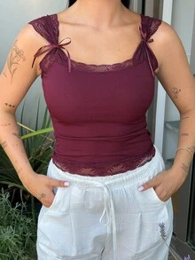 Lucia Bellido Lace Trim Lace-Up Fitted Sleeveless Tank Top For Women - Burgundy - View 3