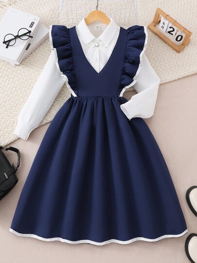 WESTFADE Young 2 sztuki/zestaw dziewczęcego stroju szkolnego, na wiosnę i jesień, bluzka z koronkową kokardą w połączeniu z sukienką z dekoltem w serek i falbanką na dole, stylowy i młodzieżowy do szkoły, na formalne okazje lub na co dzień