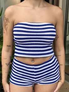 Lucia Bellido 2 件套女士夏季休闲度假条纹露背抹胸短款上衣和低腰短裤 - 藍白色 - 查看 3