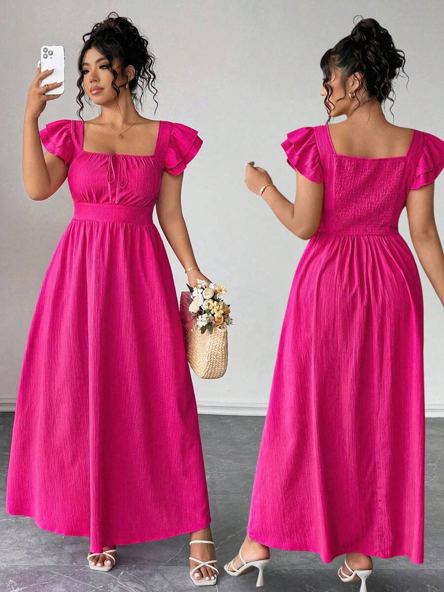 Elenzga Đầm suông nữ cổ vuông xếp lớp tay bèo nhún có nơ thiết kế phía trước phía sau, dáng ôm, dáng suông thanh lịch - Màu Hồng Tươi - Xem 1