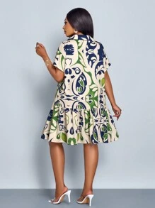 SOLERSUN Plus Size Waist-Cinching Button-Front Simple Loose Summer Casual Vacation Printing Dress