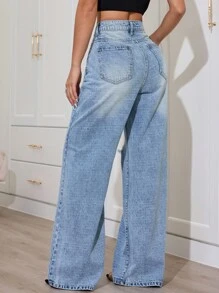 SHEIN PETITE Women's Pocket Distressed Wide Leg Loose Casual Versatile Denim Jeans