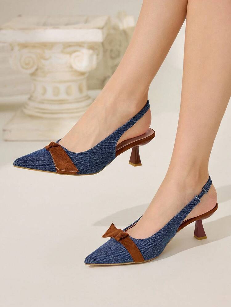 CUCCOO CHICEST Tacones de punta fina con bloques de color en ante con acento de lazo para mujer, zapatos elegantes de tacón de gatito para vestir y uso casual, marrón y azul