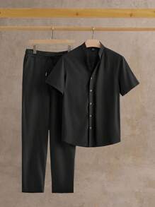 HIMLAND 2pcs/Set Men's Casual Plaid Shirt Set Men Casual Sets Men 2 Piece Set  Men Matching Vacation Set Pants And Shirt Set Men Pajama Set