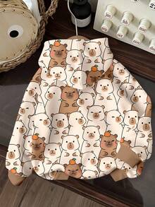 Sudadera de punto de manga larga con diseño de capibara de dibujos animados para niños jóvenes, otoño, escuela, vuelta al colegio, suelta y cómoda, colección de elección casual diaria para niños - Multicolor - Ver 2