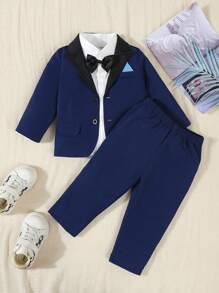 2 件套男婴优雅正式西装套装，拼色翻领仿口袋夹克和松紧腰裤，不含衬衫，不含蝴蝶结，适合 6 个月至 3 岁儿童，适合婚礼、表演、派对、生日、圣诞节、毕业典礼的正式服装 - 彩色 - 查看 3