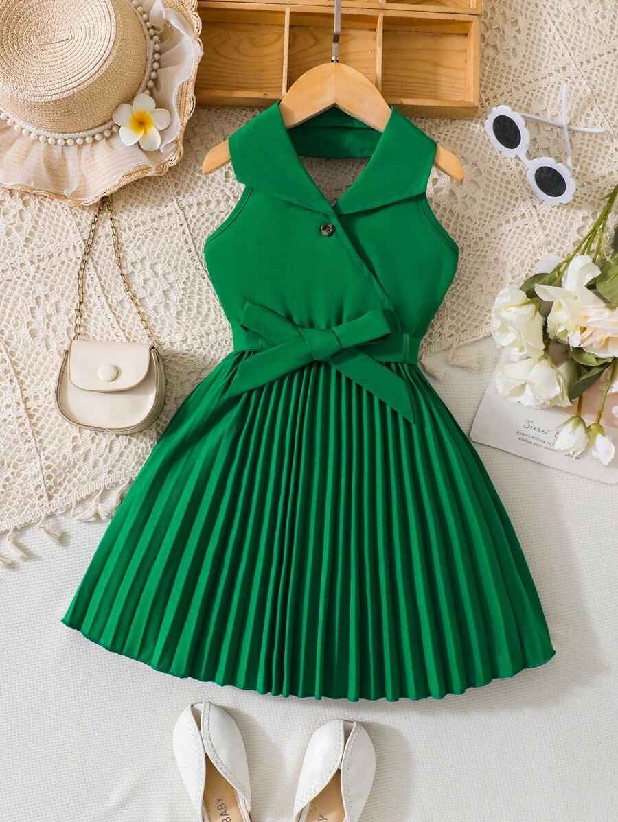 SHEIN Young Girl Fashion Mandarin Collar Button Pleated Hem Dress, Suitable For Summer - Dark Green - View 1